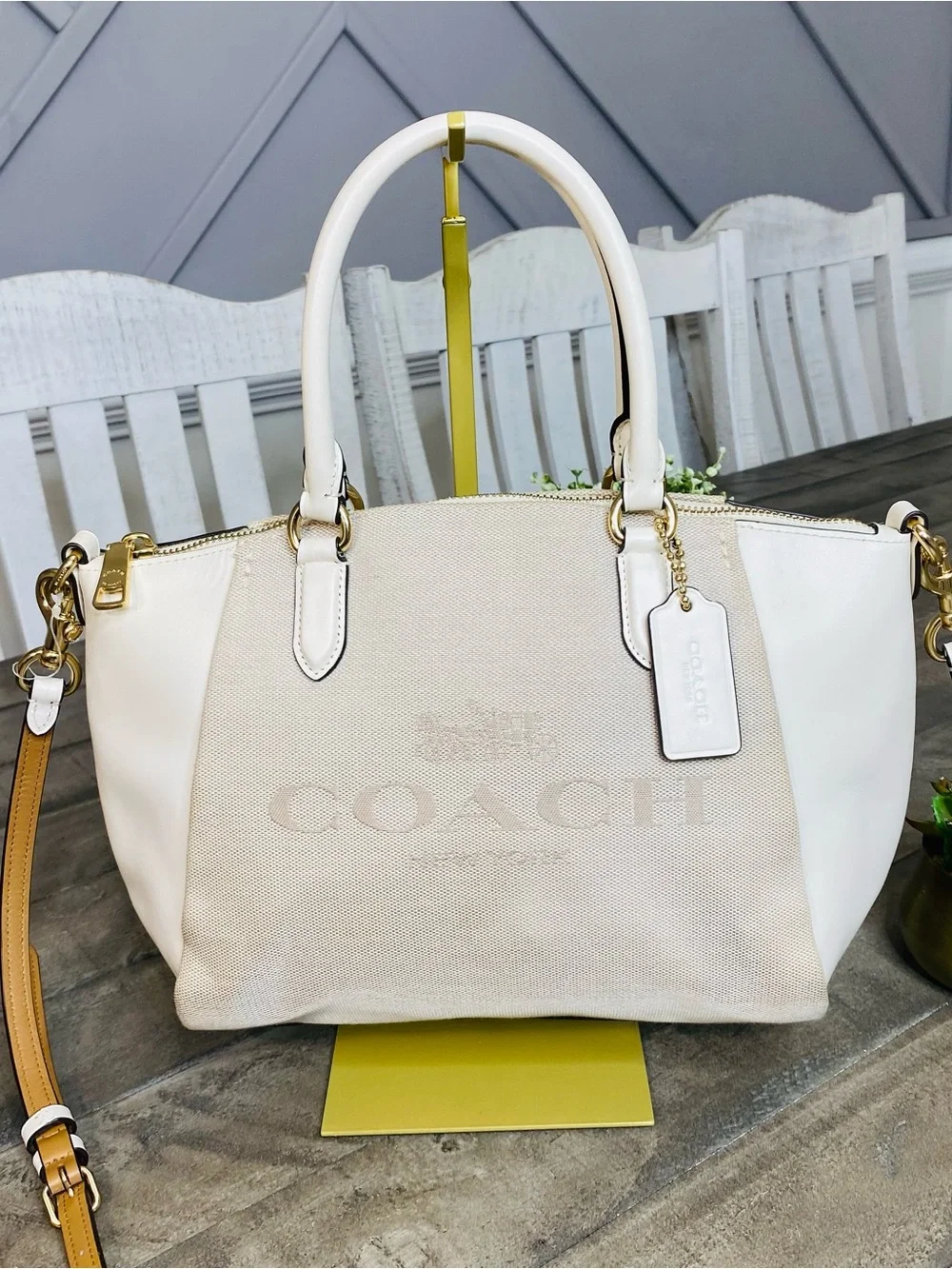 COACH Elise Satchel Horse & Carriage Jacquard Canvas White Leather Crossbody Bag